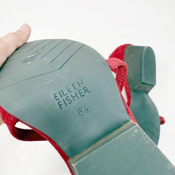 [Eileen Fisher] Red Suede Leather Poet Crisscross Straps Block Heel Pumps Sz 8.5 - Picture 10 of 11